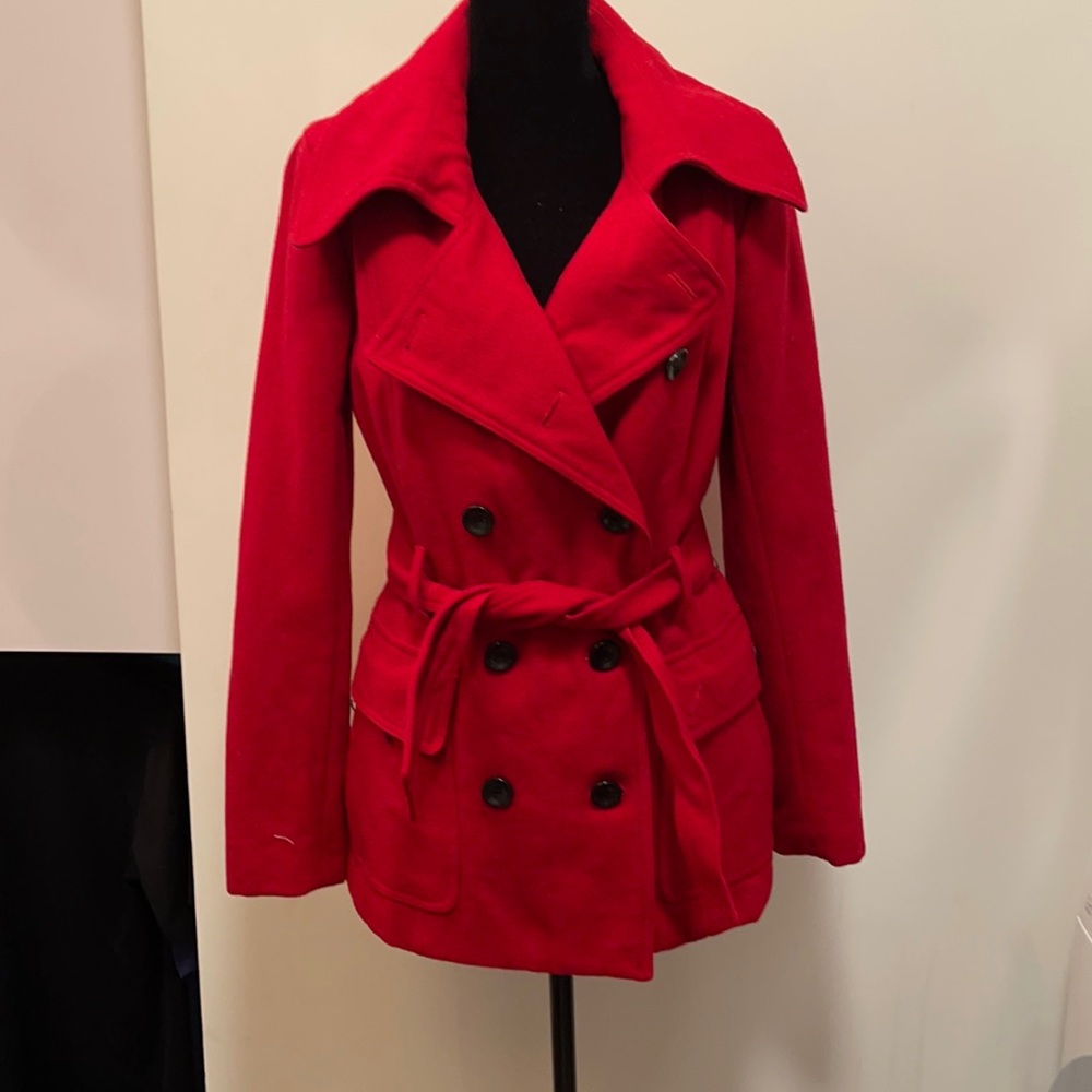 New York & Company Red Double-Breasted Wool Pea Coat